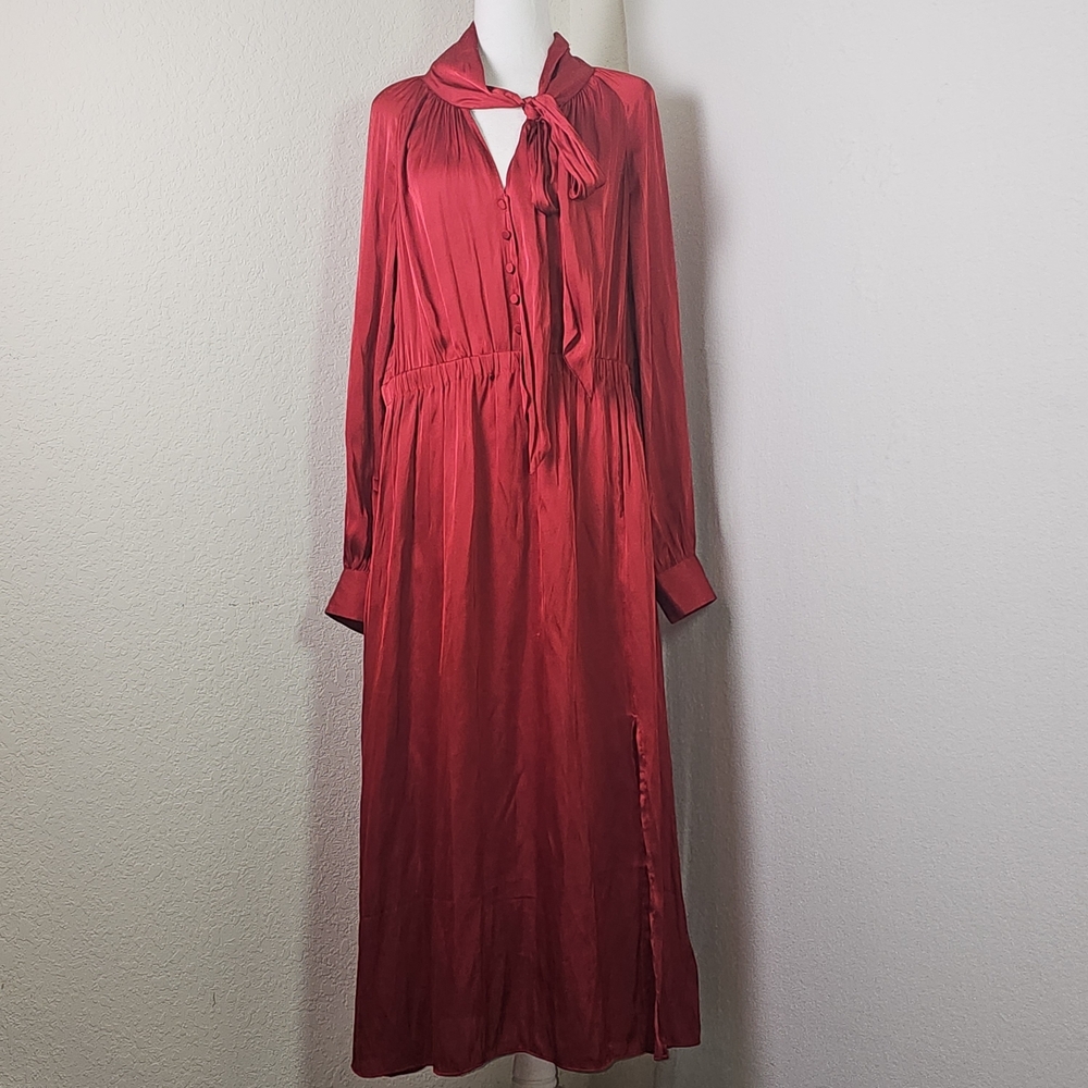 J.Crew Red Long Sleeve Tie Neck Midi Dress | Size L | Elegant Satin Look